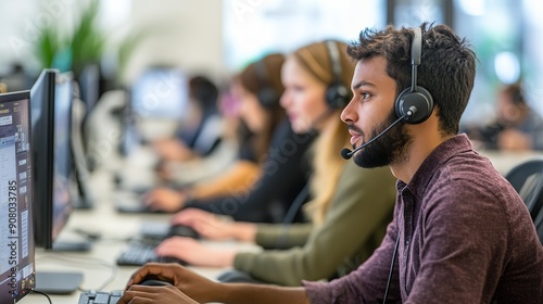 High angle view of diverse call center employees working in modern office