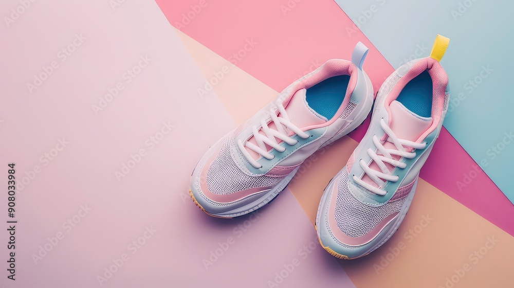 A pair of white sneakers with pink accents are displayed on a colorful background with pink, blue, and beige sections.