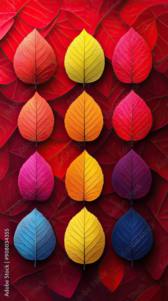 Colorful Leaves on Red Background Colorful Leaves on Red Background