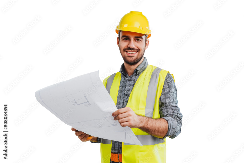 Smiling construction worker holding a blueprint, wearing a yellow hard hat and reflective vest, isolated on white background