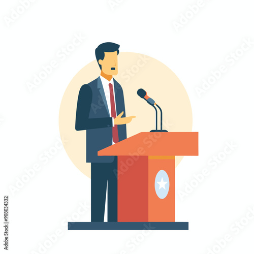 Professional male speaker delivering speech front podium, isolated white background. Businessman politician presenting conference formal suit, isolated white background. Public speaking illustration