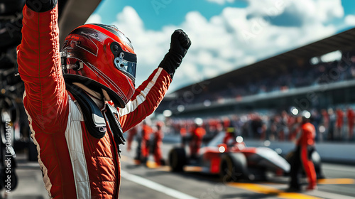 Racing driver celebrating victory in the pit lane with raised arms photo