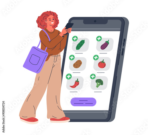 Girl buying groceries online. Woman using smartphone buy vegetables in online grocery market, e-commerce website screen flat vector illustration. Online food shop app
