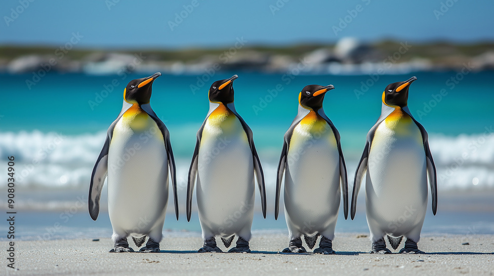 Fototapeta premium Four penguins on a beach
