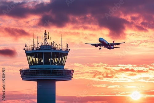 Air traffic control tower with airplane at sunset in Hamburg