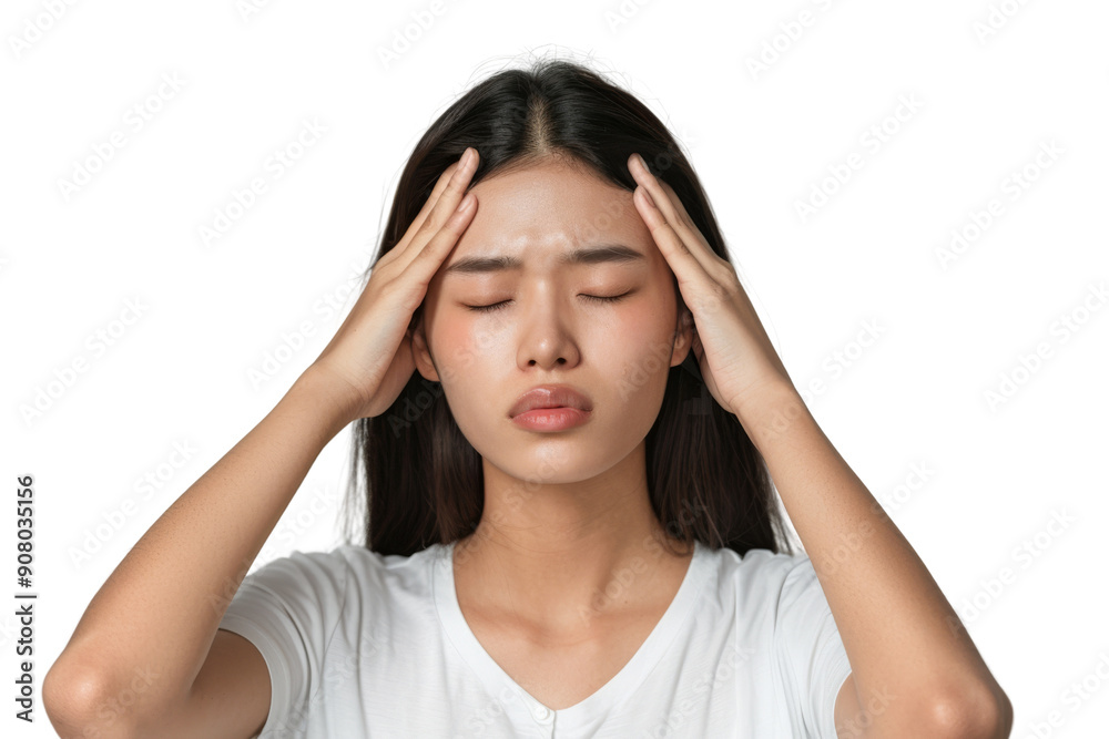 Stressed Asian woman with headache, holding her head with both hands, eyes closed, isolated on white background Stressed Asian woman with headache, holding her head with both hands, eyes closed, isolated on white background