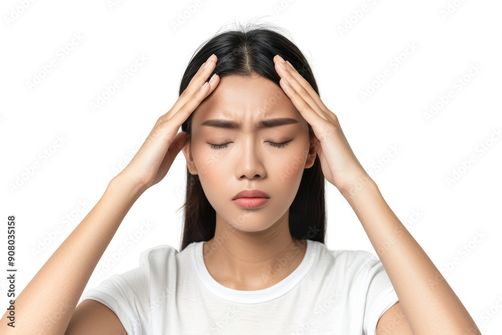 Stressed Asian woman with headache, holding her head with both hands, eyes closed, isolated on white background Stressed Asian woman with headache, holding her head with both hands, eyes closed, isolated on white background