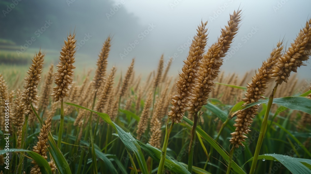 Golden grain heads stand tall and upright on the background of rice fields. Golden grain heads stand tall and upright on the background of rice fields.