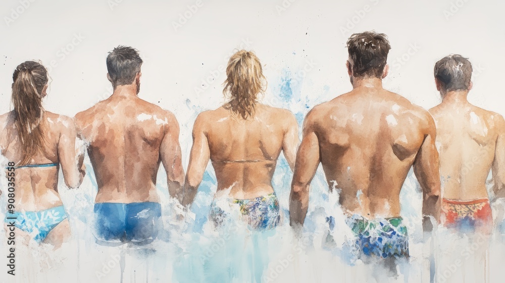 Five people, back to camera, stand in the water with arms linked, facing the ocean. Five people, back to camera, stand in the water with arms linked, facing the ocean.