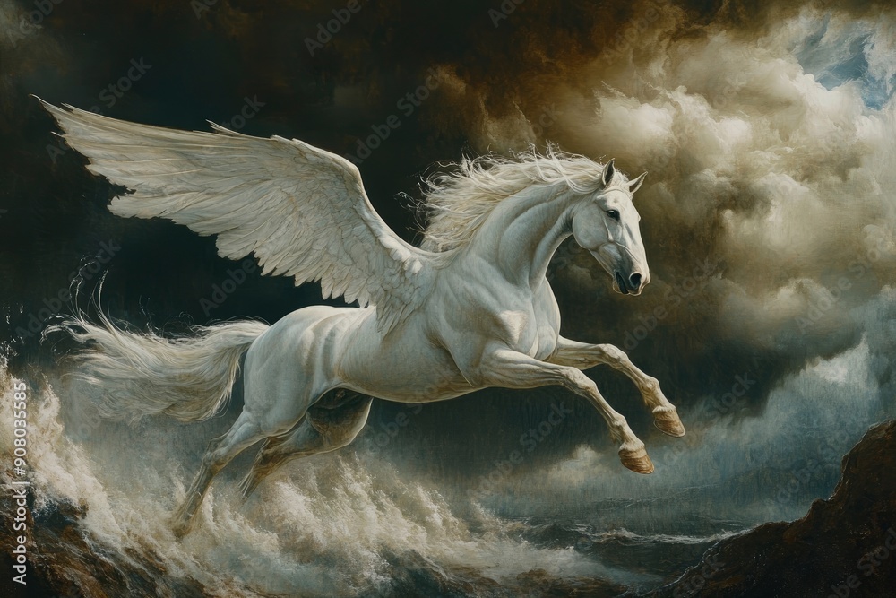 Elegant Pegasus with Outstretched Wings Flying Against a Stormy Backdrop, Capturing the Essence of Heroic Legends and Mythical Adventure, ai Elegant Pegasus with Outstretched Wings Flying Against a Stormy Backdrop, Capturing the Essence of Heroic Legends and Mythical Adventure, ai