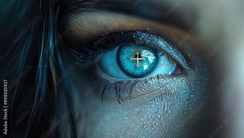 Fototapeta premium A close-up of an eye with the cross symbol reflected in it, symbolizing vision and sight.