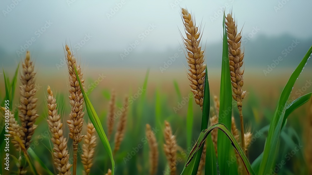 Golden grain heads stand tall and upright on the background of rice fields. Golden grain heads stand tall and upright on the background of rice fields.