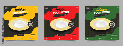 Fast Food restaurant social media post or web banner template design. Food menu banner and poster vector with Plate. Restaurant business promotion flyer or Poster template design. for burger and pizza