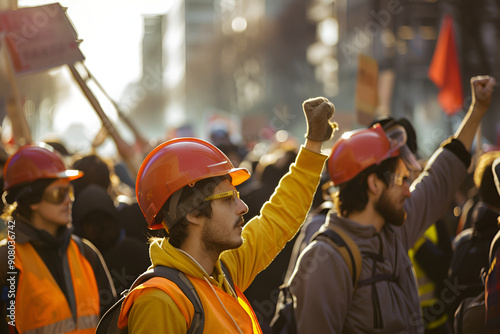 Construction workers in orange vests and helmets participating in a protest march with raised fists