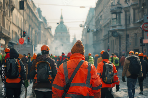 Workers wearing orange safety vests and helmets walking on a city street during a protest