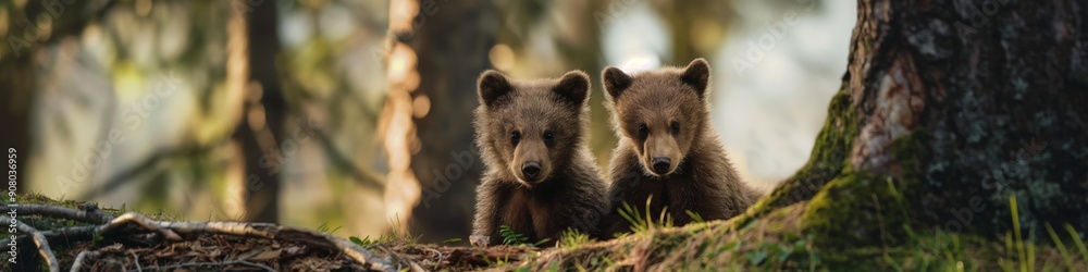 Obraz premium Two baby bears are sitting on a log in the woods