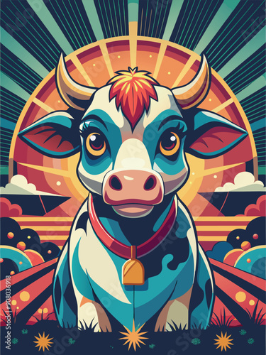 Cartoon Cow with Colorful Background and Sunburst