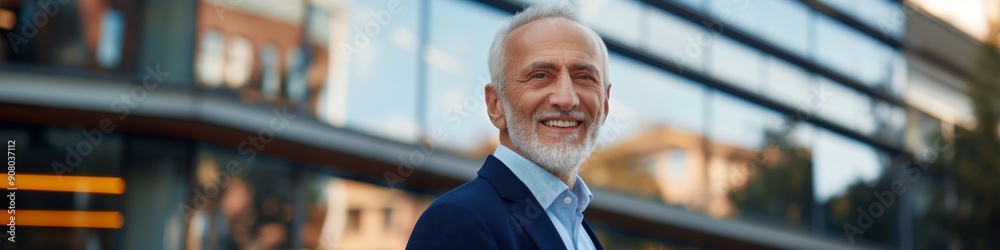 A man in a suit is smiling in front of a building. Concept of confidence and positivity A man in a suit is smiling in front of a building. Concept of confidence and positivity