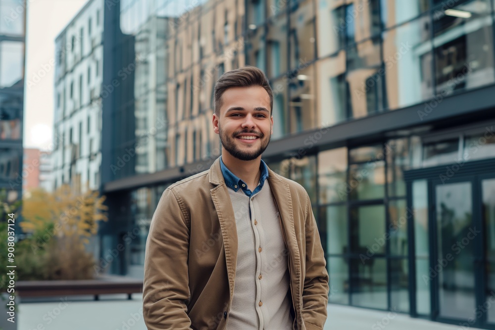 A man wearing a brown jacket and a white shirt is smiling in front of a building. Concept of happiness and contentment A man wearing a brown jacket and a white shirt is smiling in front of a building. Concept of happiness and contentment