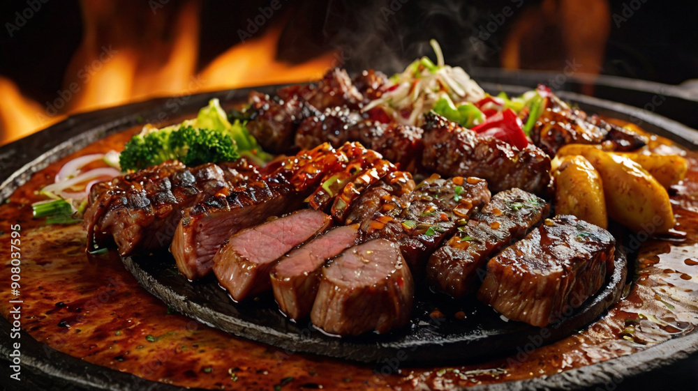 sizzling platter of Korean BBQ, vibrant and enticing sizzling platter of Korean BBQ, vibrant and enticing