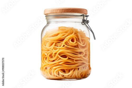 close-up shot of a glass jar filled with fresh pasta, droplets of water clinging to the sides, isolated on white background