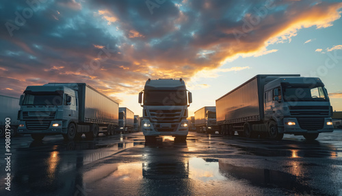 Cargo trailer trucks ready on parking lot in morning. Logistics and goods transport concept. Generative AI
