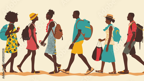 Group diverse people backback hiking walking park, African heritage outfits. Young adults, vacation wear sunhats, sunglasses, sandals, carrying necessities. Interaction joy, outdoor adventure, warm