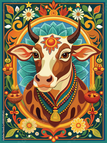 Ornate Portrait of a Cow with Floral Decorations