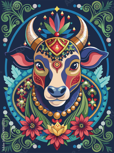Ornate Illustration of a Cow's Head with Floral Accents