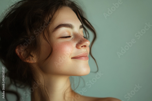 A close up of a girl's face with her eyes closed