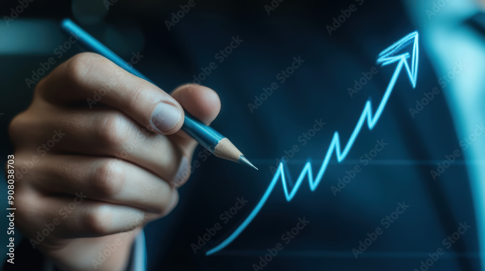 Businessman Drawing Upward Arrow on Virtual Graph Representing Growth Businessman Drawing Upward Arrow on Virtual Graph Representing Growth
