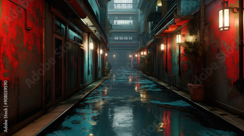 Wallpaper Mural Cyberpunk street with glowing neon ads in sci-fi city. Futuristic cyberpunk street in the neighborhood Torontodigital.ca