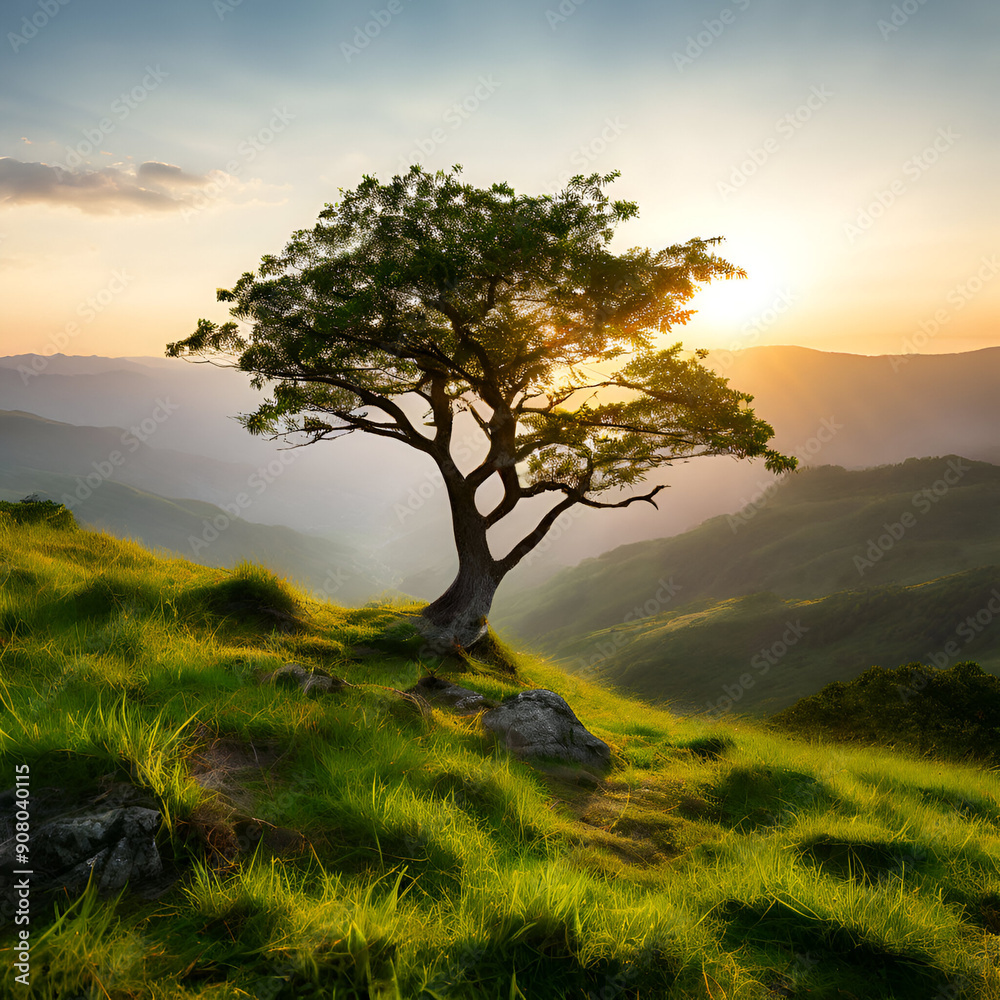 Fototapeta premium Single tree, Single tree on a grass, hill with blue sky background and sunshine, tree with mountain natural landscape 