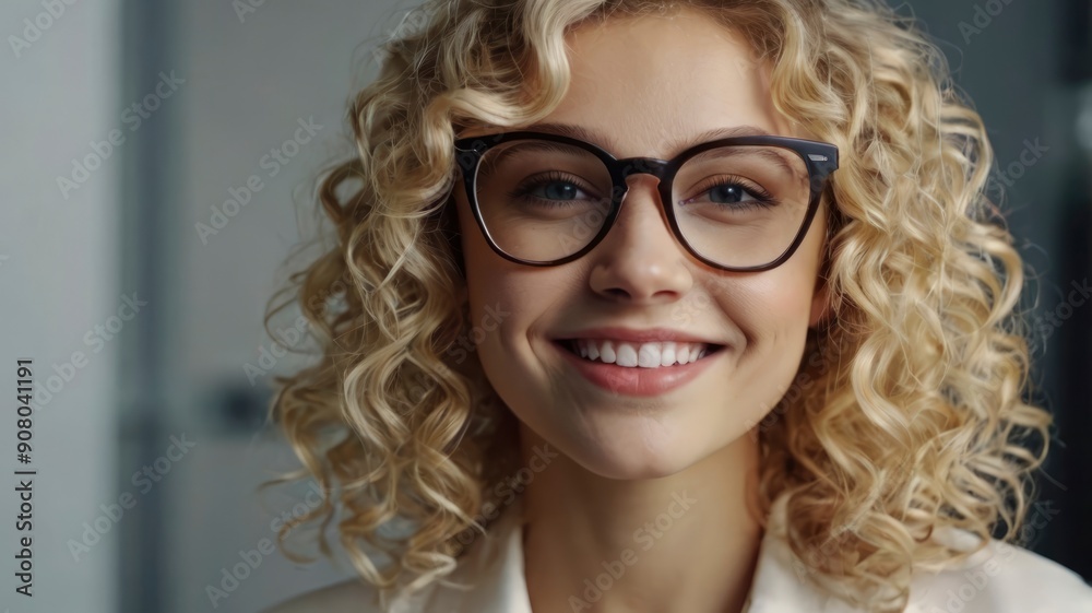 Obraz premium Close-up portrait of smiling blonde businesswoman in glasses, exuding confidence and professional beauty