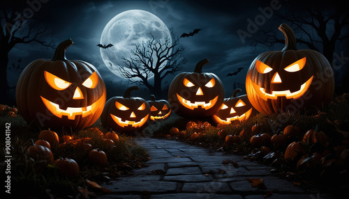 Ilustración de calabazas talladas con expresiones siniestras iluminadas desde dentro, colocadas en un camino de piedra bajo una luna llena en un paisaje oscuro y misterioso.  photo