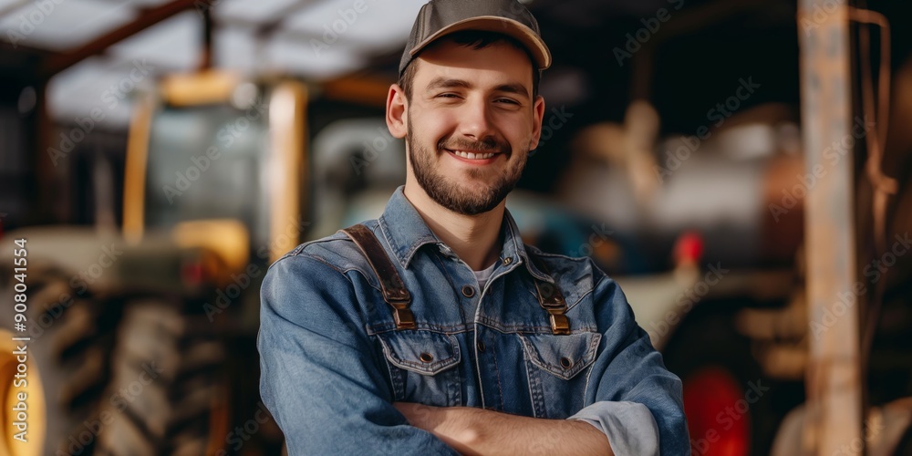 Professional mechanic smiling and standing in a garage, surrounded by equipment and fellow workers. Professional mechanic smiling and standing in a garage, surrounded by equipment and fellow workers.
