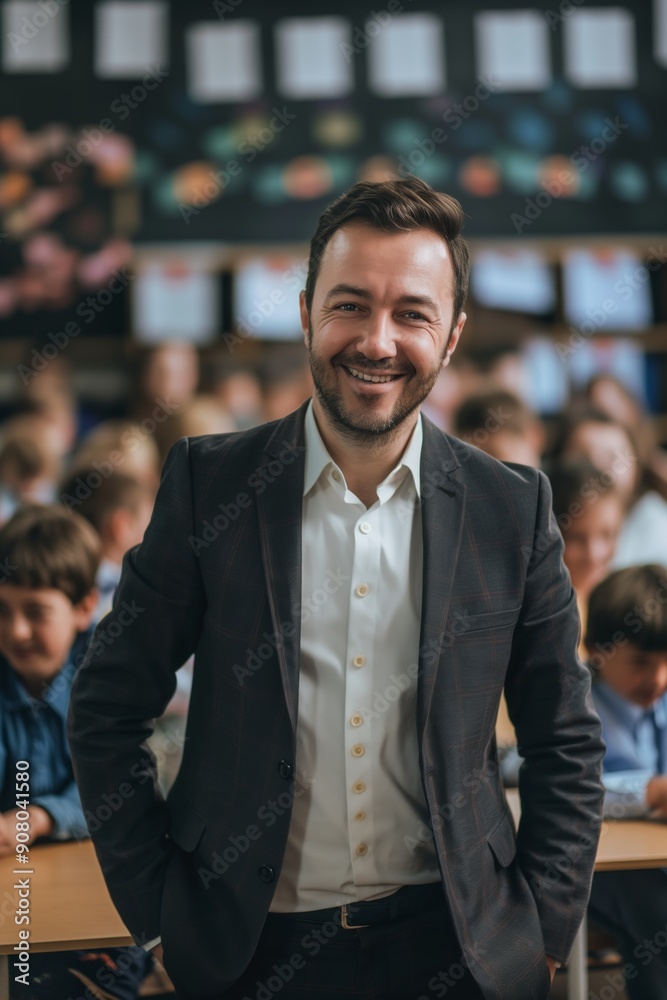 Professional teacher beaming in a classroom, wearing a suit and engaging with children during a lesson. Professional teacher beaming in a classroom, wearing a suit and engaging with children during a lesson.