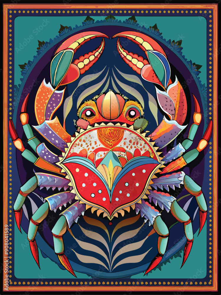 Fototapeta premium A Colorful and Ornate Crab in a Framed Illustration