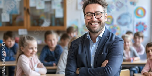 Teacher smiling in an elementary school classroom, fostering a positive and engaging learning environment.