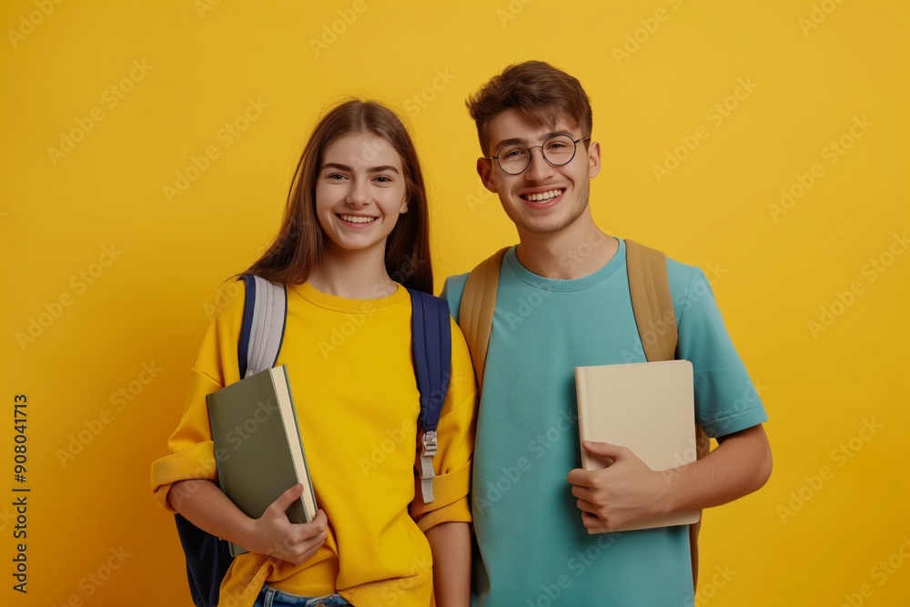 College students standing together happily with books and backpacks, enjoying university life. College students standing together happily with books and backpacks, enjoying university life.