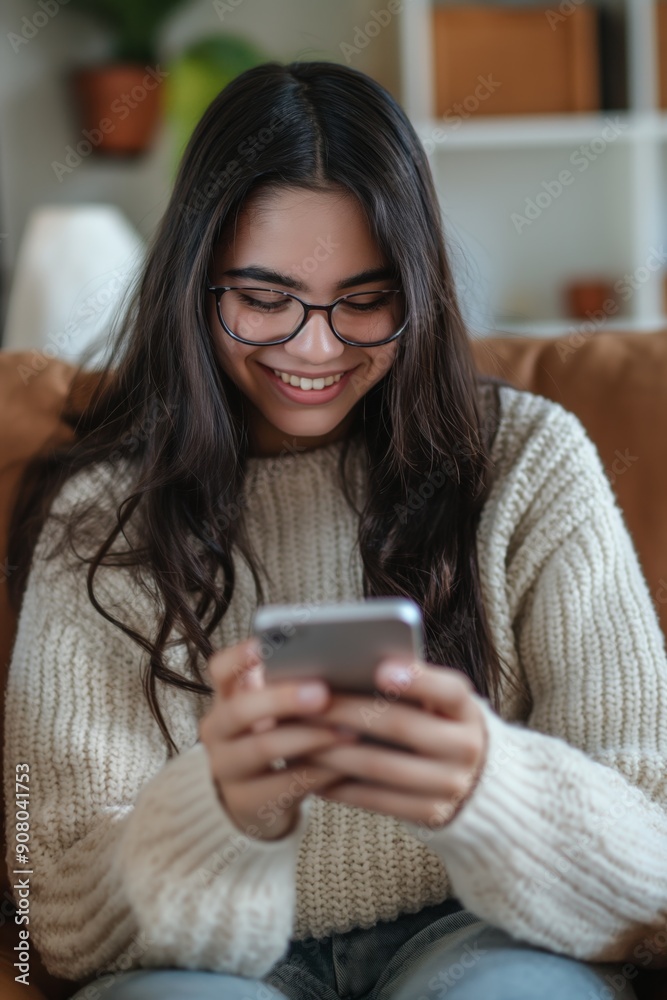 A schoolgirl laughs while using a mobile app on her phone, relaxing on a sofa at home. A schoolgirl laughs while using a mobile app on her phone, relaxing on a sofa at home.