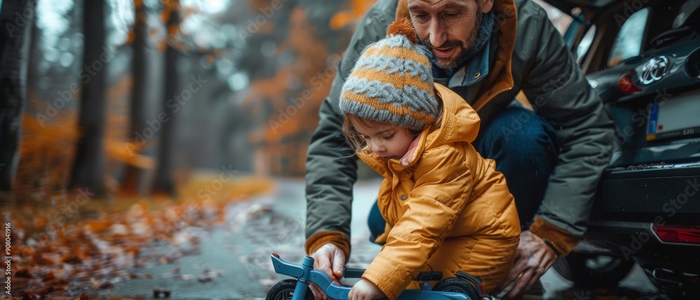 A man and child in yellow jackets, in an autumn setting, playing with a toy scooter, fostering a joyful outdoor bond. A man and child in yellow jackets, in an autumn setting, playing with a toy scooter, fostering a joyful outdoor bond.