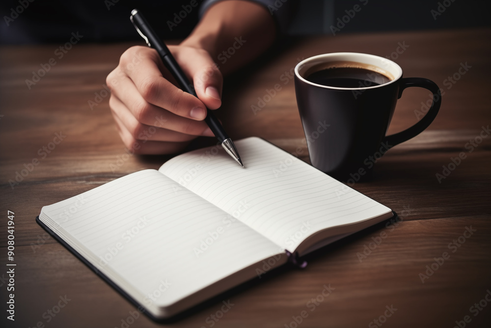 Productive Morning Routine - Close-up of Hands Writing in Notebook with Coffee and Smartphone on Desk Productive Morning Routine - Close-up of Hands Writing in Notebook with Coffee and Smartphone on Desk