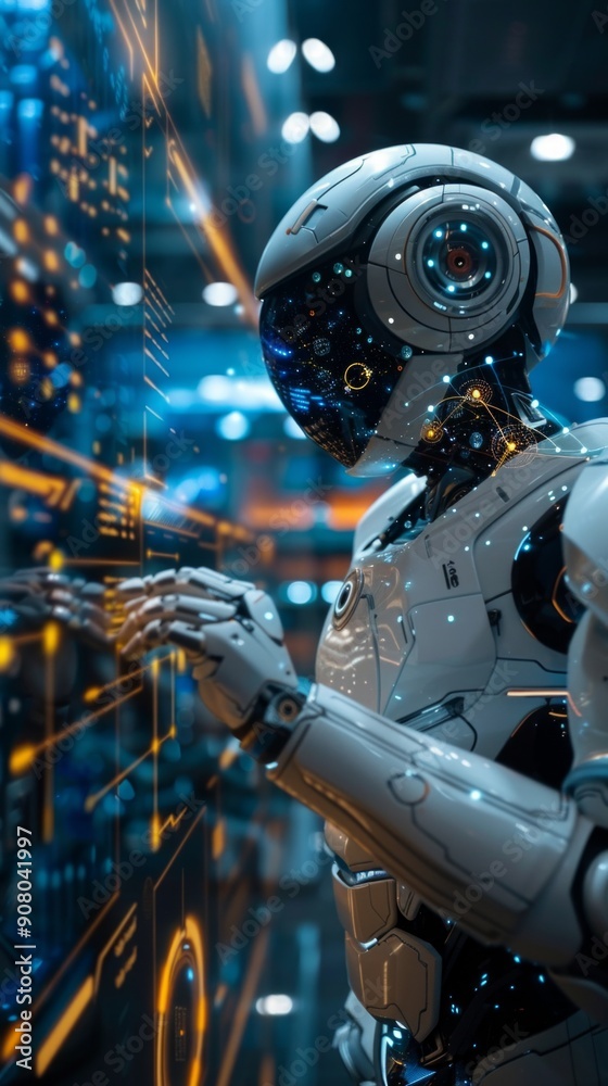 Fototapeta premium A futuristic white robot with human-like posture stands in a neon-lit cityscape at night, interacting with digital element