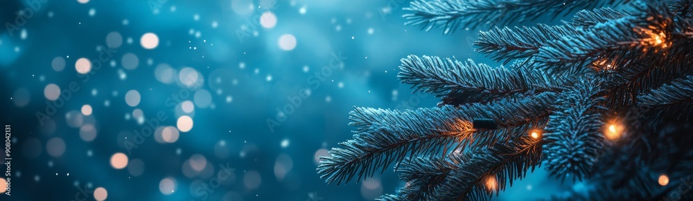 Blue pine tree with shimmering lights, on a blue bokeh festive Christmas banner Blue pine tree with shimmering lights, on a blue bokeh festive Christmas banner