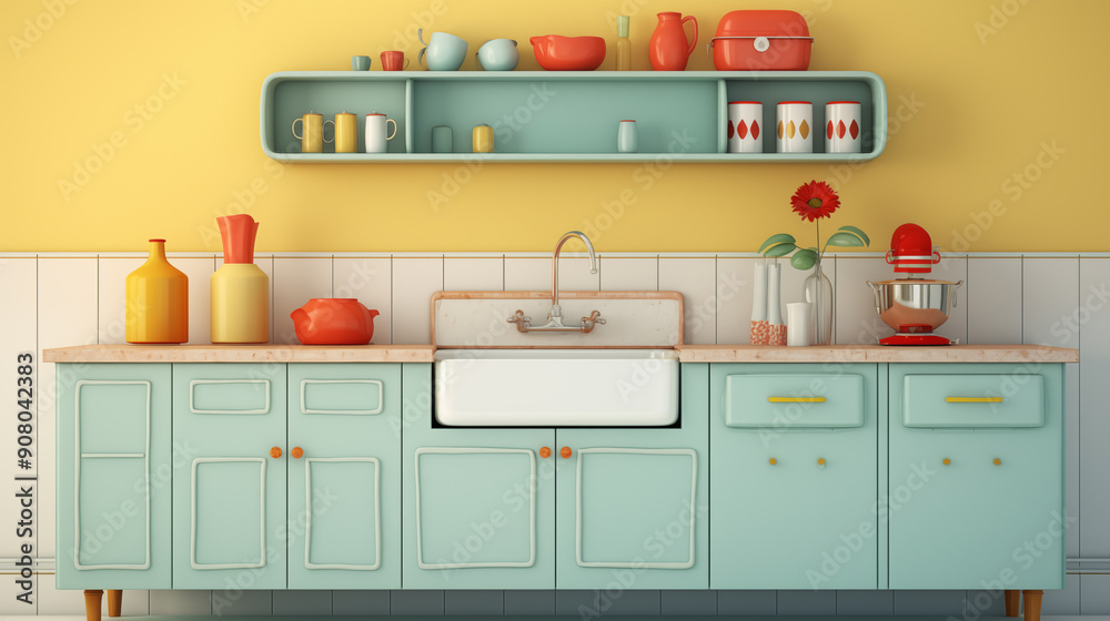 Nostalgic Retro Kitchen with Classic Sink and Colorful Cabinets, Vintage Cooking Scene with Bright Elements Nostalgic Retro Kitchen with Classic Sink and Colorful Cabinets, Vintage Cooking Scene with Bright Elements