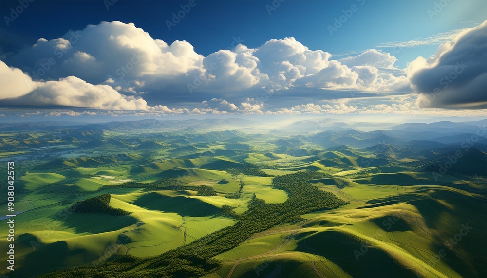 Aerial view of fluffy white clouds over a lush green landscape, with the sun casting long shadows Aerial view of fluffy white clouds over a lush green landscape, with the sun casting long shadows