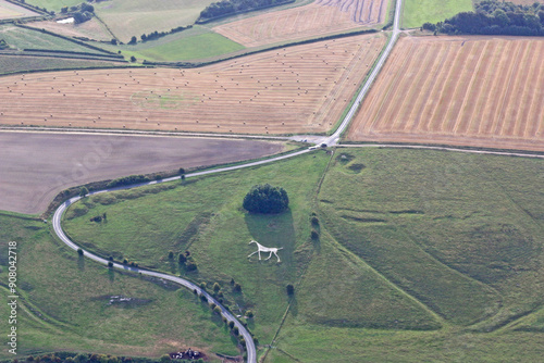 Aerial view of the Hackpen white horse and fields of Wiltshire, England photo