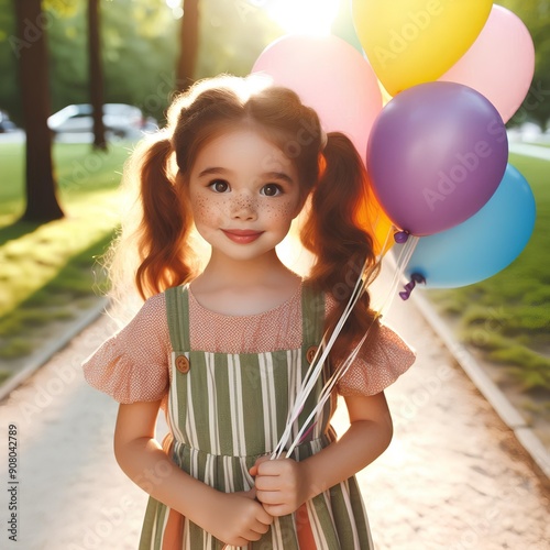 A cute little lady holding a balloon