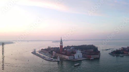 An Amazing Aerial View of San Giorgio Maggiore Island Captured at Sunset in Venice, Italy